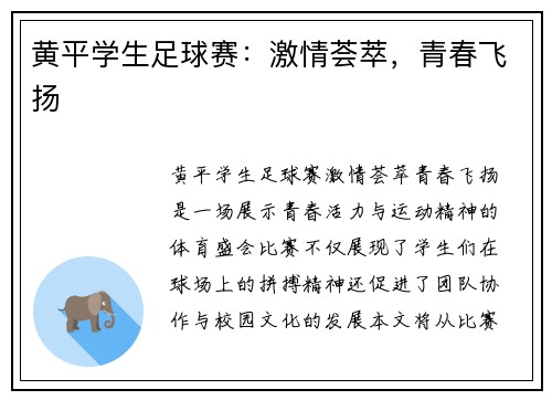 黄平学生足球赛：激情荟萃，青春飞扬