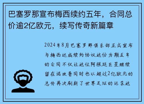 巴塞罗那宣布梅西续约五年，合同总价逾2亿欧元，续写传奇新篇章
