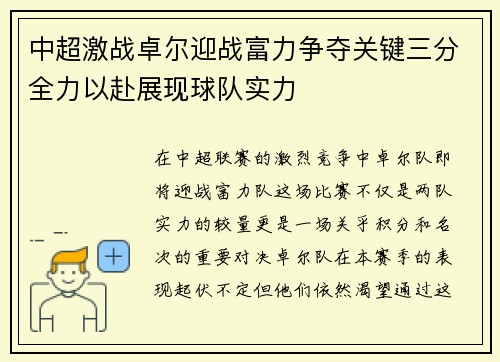 中超激战卓尔迎战富力争夺关键三分全力以赴展现球队实力