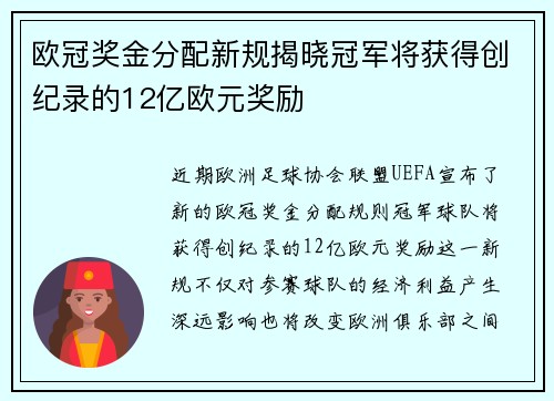 欧冠奖金分配新规揭晓冠军将获得创纪录的12亿欧元奖励