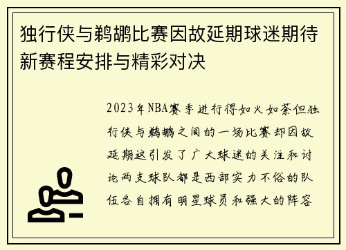 独行侠与鹈鹕比赛因故延期球迷期待新赛程安排与精彩对决