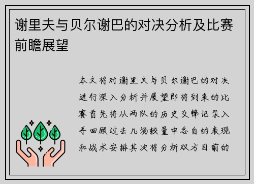 谢里夫与贝尔谢巴的对决分析及比赛前瞻展望
