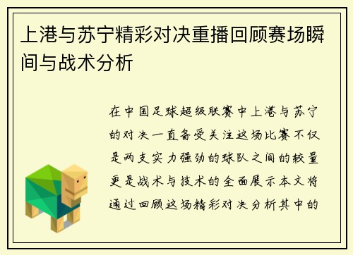 上港与苏宁精彩对决重播回顾赛场瞬间与战术分析