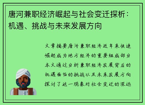 唐河兼职经济崛起与社会变迁探析：机遇、挑战与未来发展方向