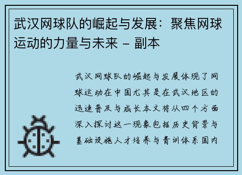武汉网球队的崛起与发展：聚焦网球运动的力量与未来 - 副本